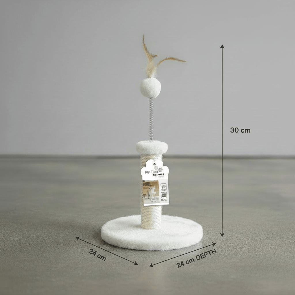 Junior kitten cat tree with cream and white fuzzy posts, top pom feather, circular base