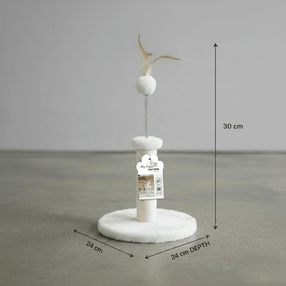 Junior kitten cat tree with cream and white fuzzy posts, top pom feather, circular base