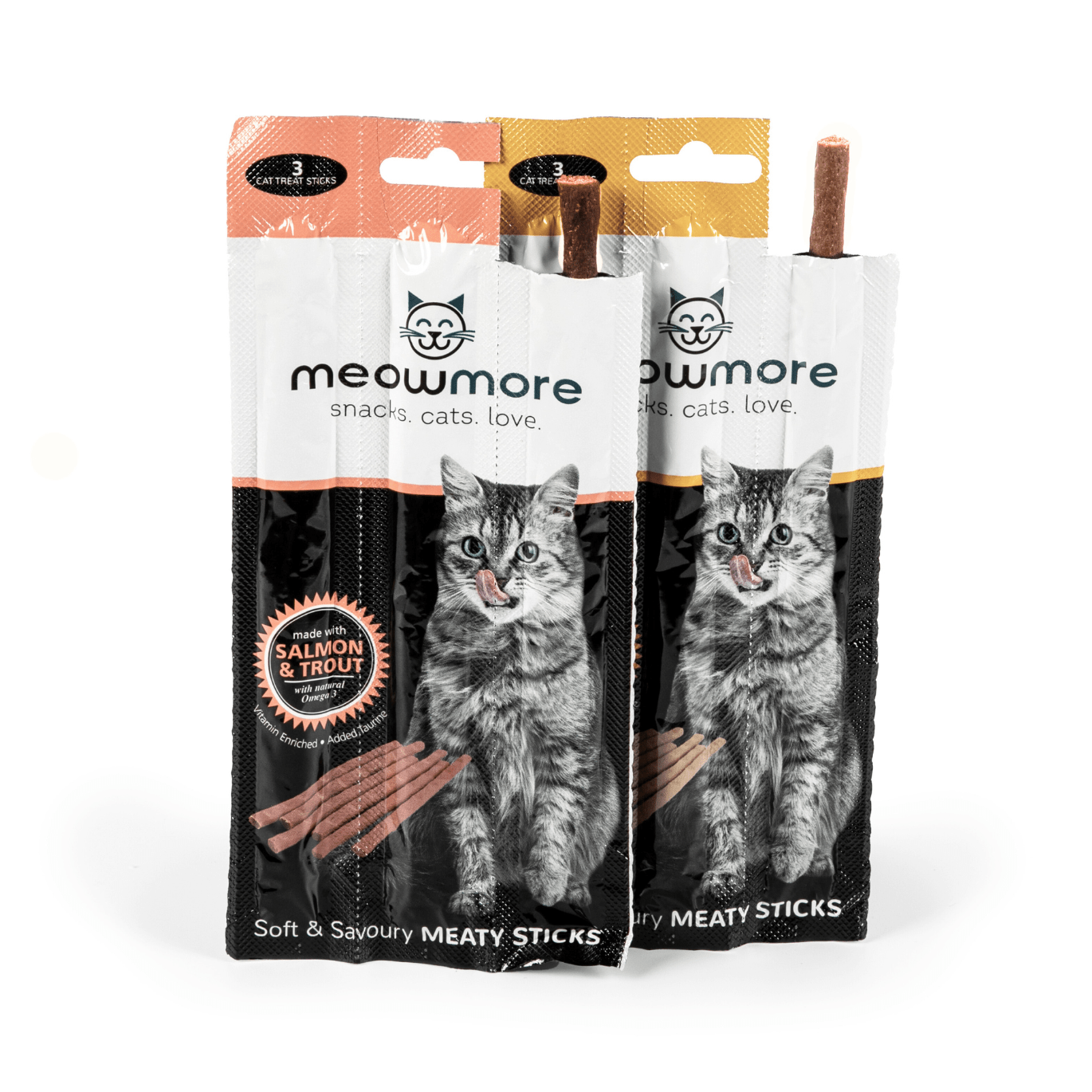 Meow More Cat Treat Sticks packs and sticks
