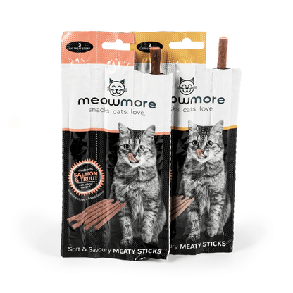 Meow More Cat Treat Sticks packs and sticks