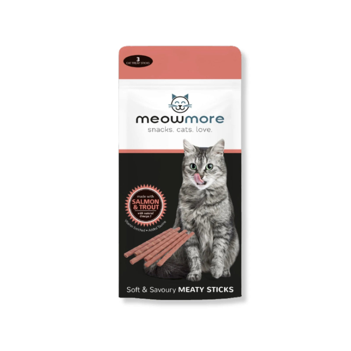 Meow More Cat Treat Sticks 15g — Salmon and Trout front pack