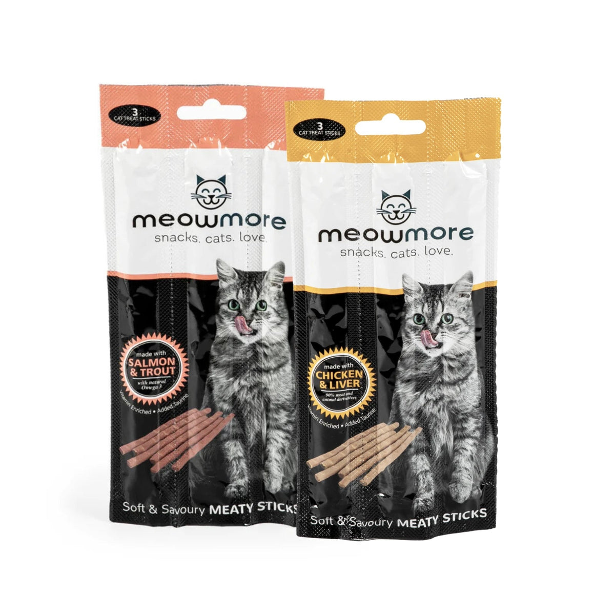 Meow More Cat Treat Sticks 15g — Chicken and Salmon flavour packs