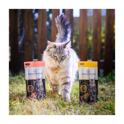Meow More Cat Treat Sticks 15g — cat with both flavour packs