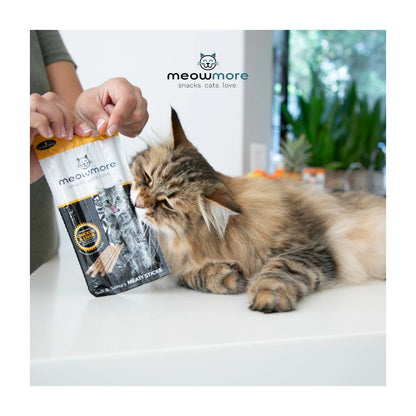 Meow More Cat Treat Sticks 15g — Chicken and Liver feeding scene