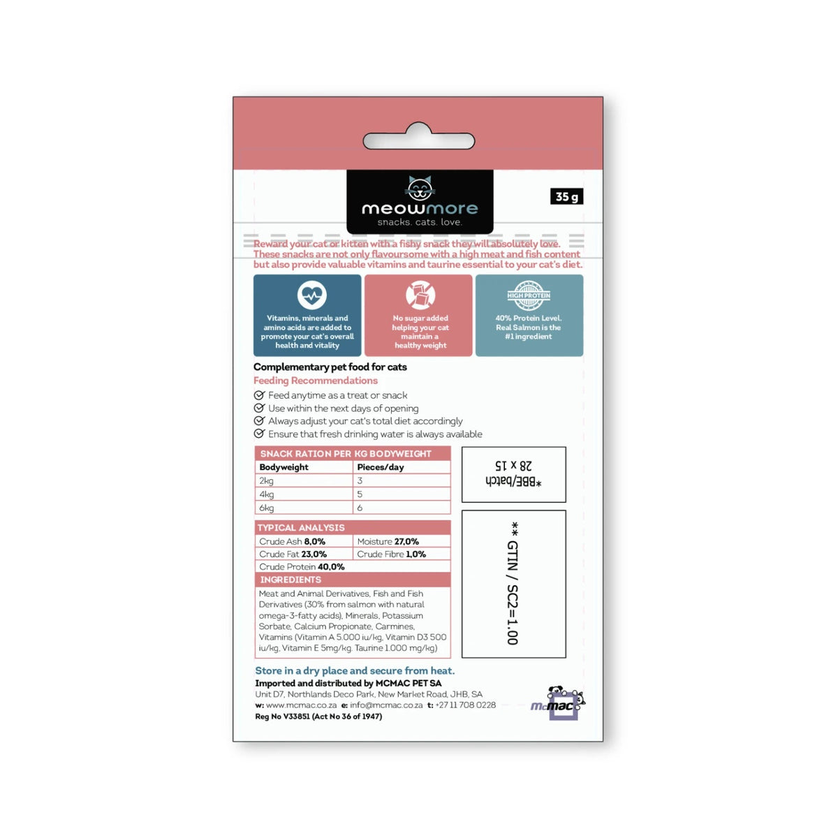 Meow More Meaty Snacks 35g — Salmon and Trout back label