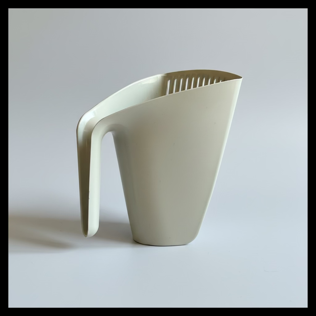 Light beige cat litter scoop with long handle and ridged sifter slots