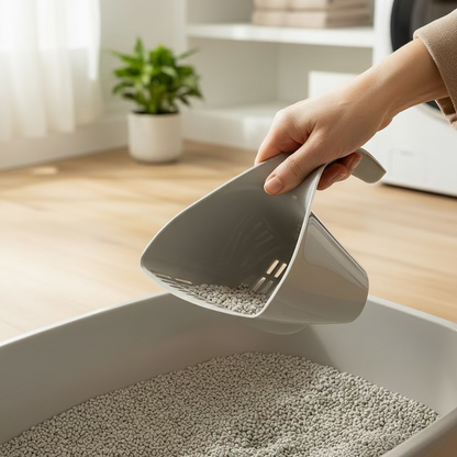 Beige cat litter scoop with perforated rake edge, scooping litter granules