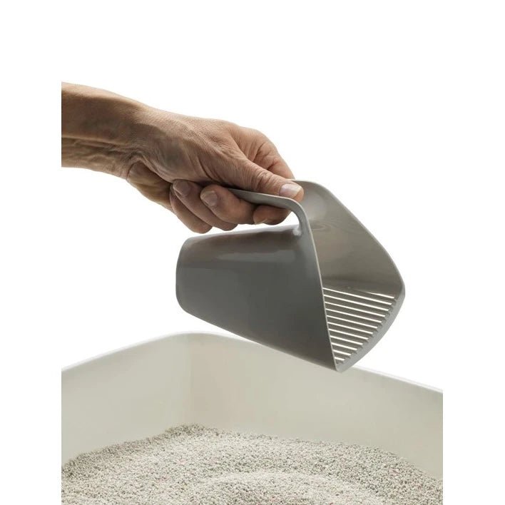 Moderna Scoop & Sift Cat Litter Scoop — warm-grey scoop in use