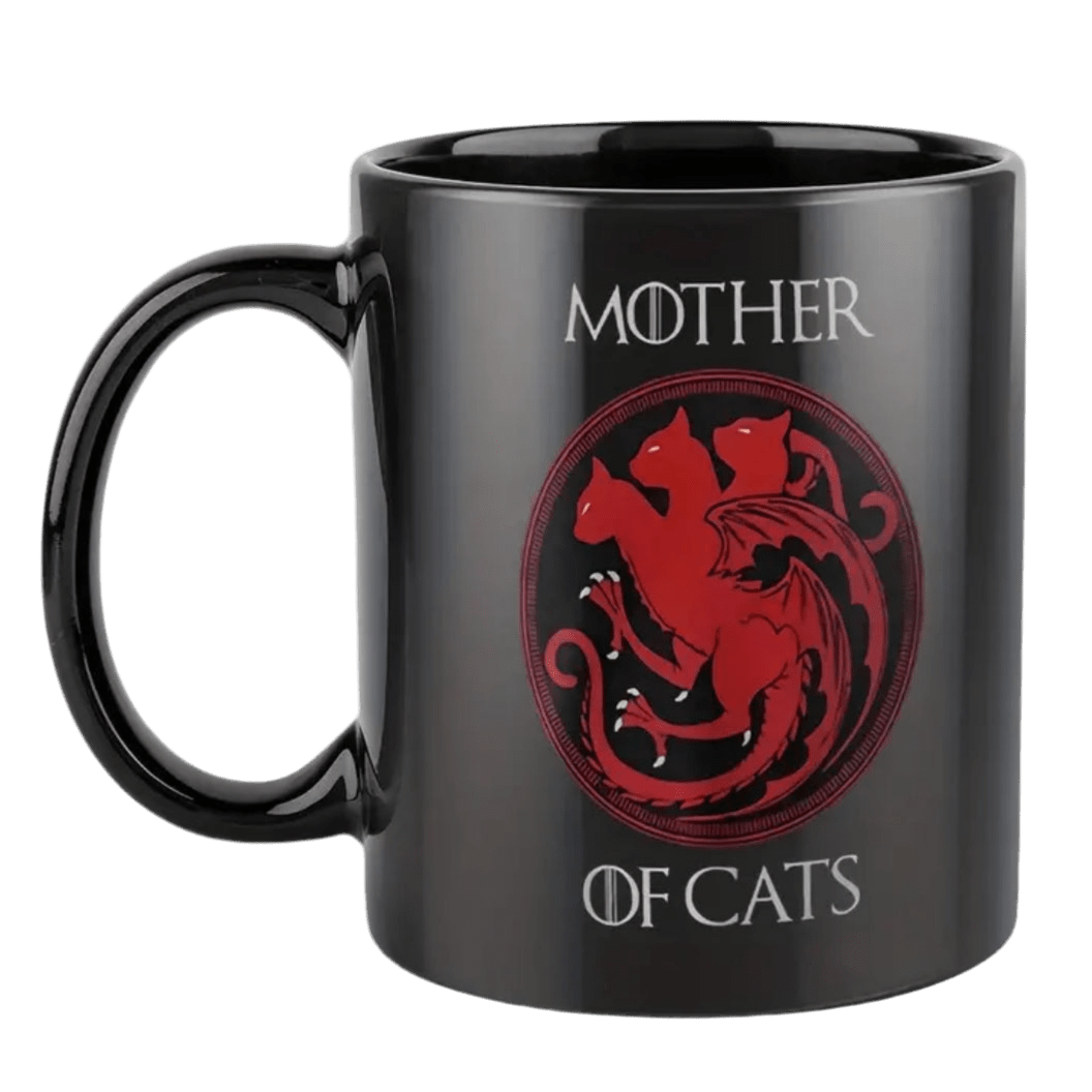 Black ceramic mug with handle, red cat logo, and 'MOTHER OF CATS' lettering