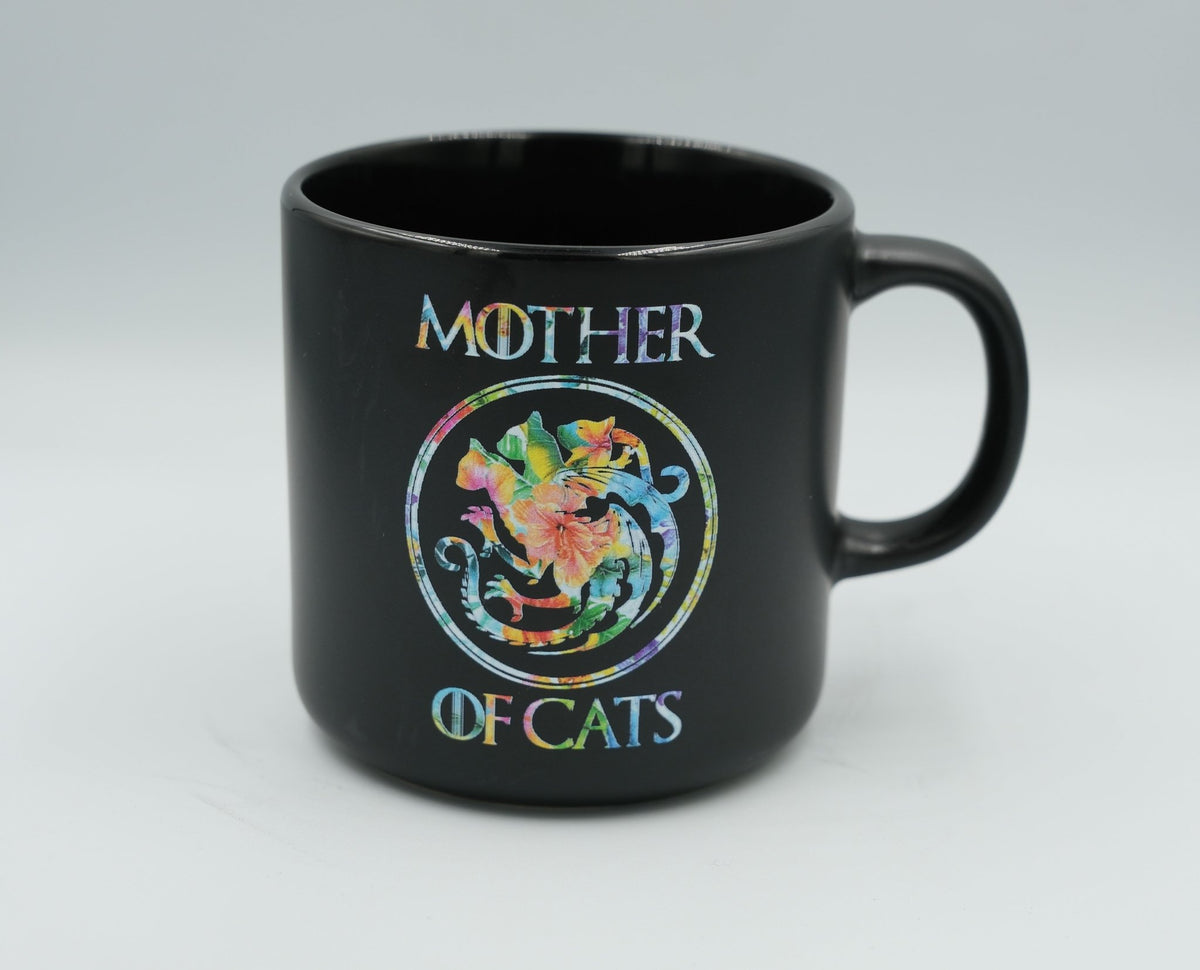 Black Mother of Cats mug with colorful floral cat wreath design and handle