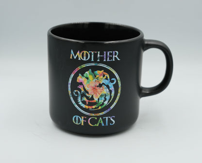 Black Mother of Cats mug with colorful floral cat wreath design and handle