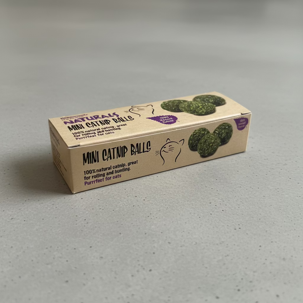 Natural green mini catnip balls in a cardboard box, front label view