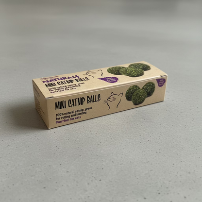 Natural green mini catnip balls in a cardboard box, front label view
