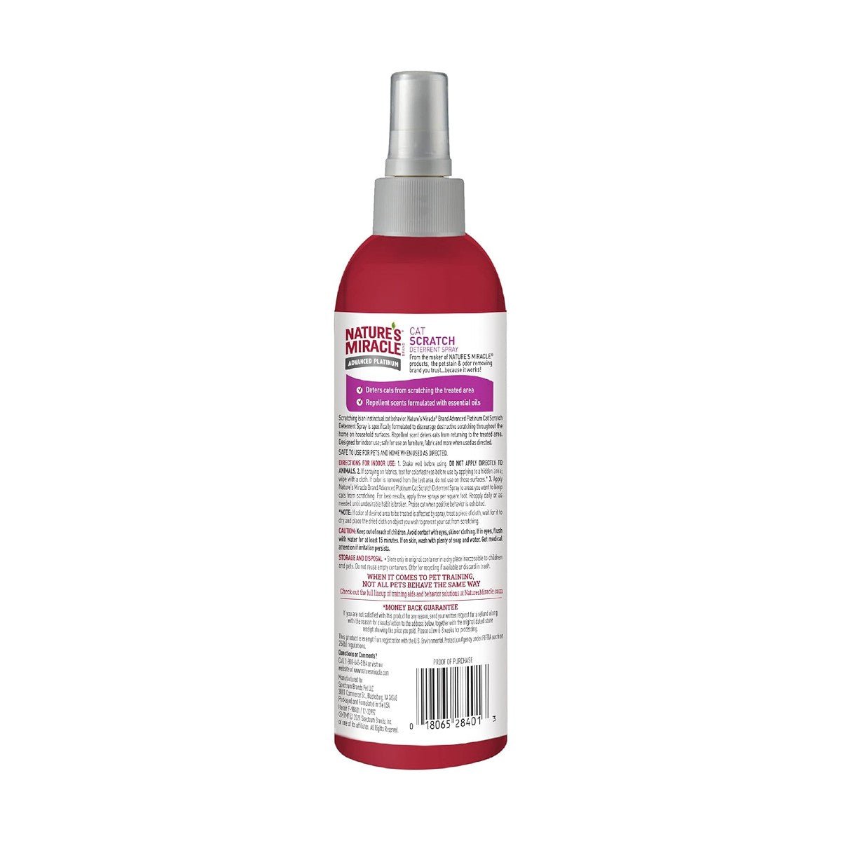 Back of Nature’s Miracle Cat Scratch Deterrent Spray 236ml bottle with directions