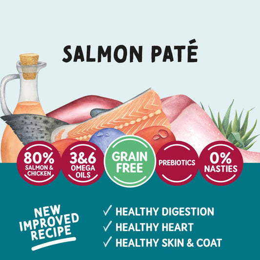 Naturo adult cat salmon pâté grain-free wet cat food label with salmon and chicken