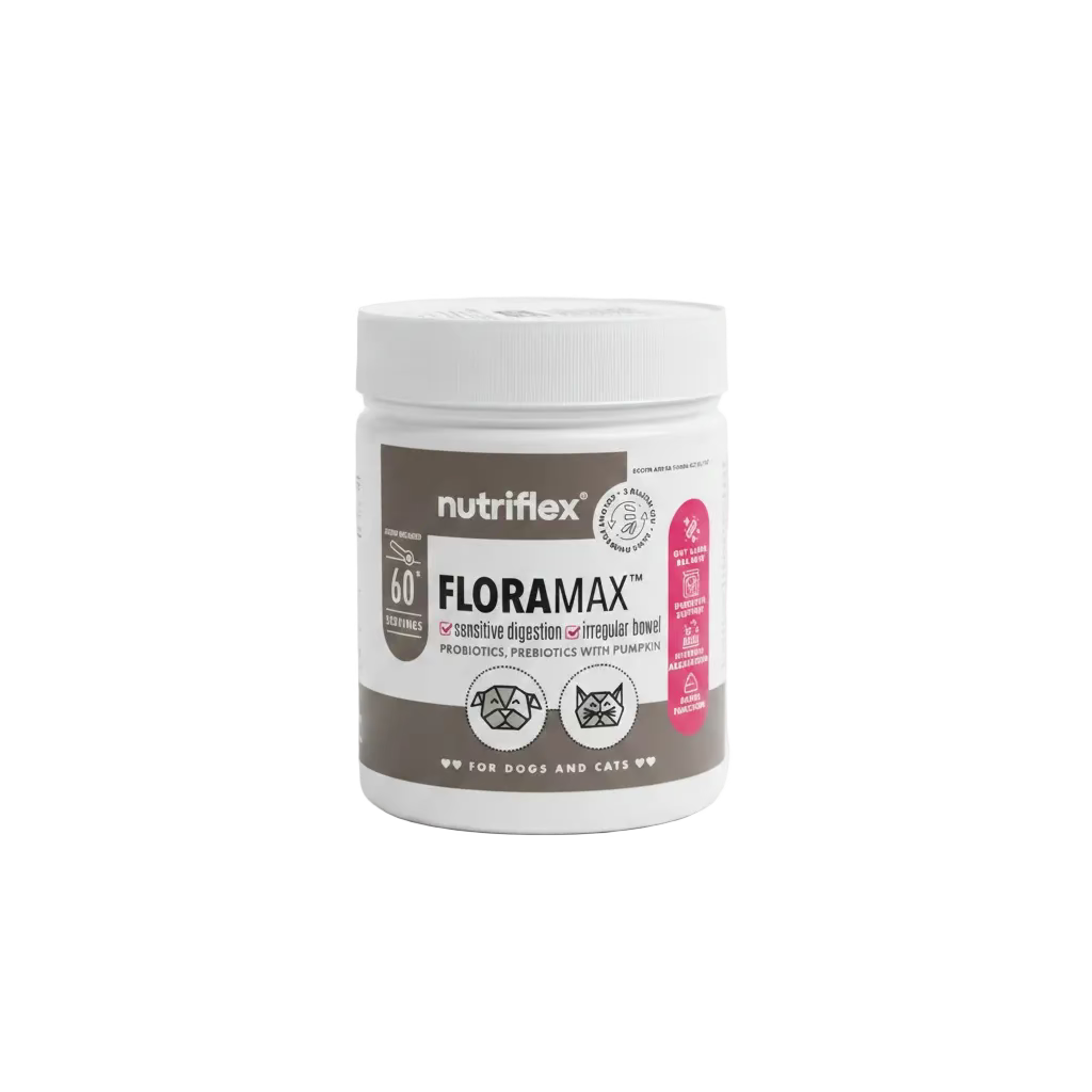 White supplement jar with nutriflex FLORAMAX label for dogs and cats