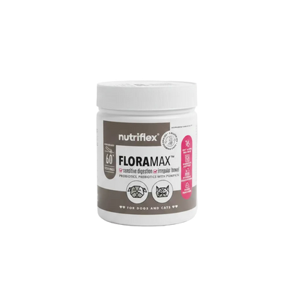 White supplement jar with nutriflex FLORAMAX label for dogs and cats