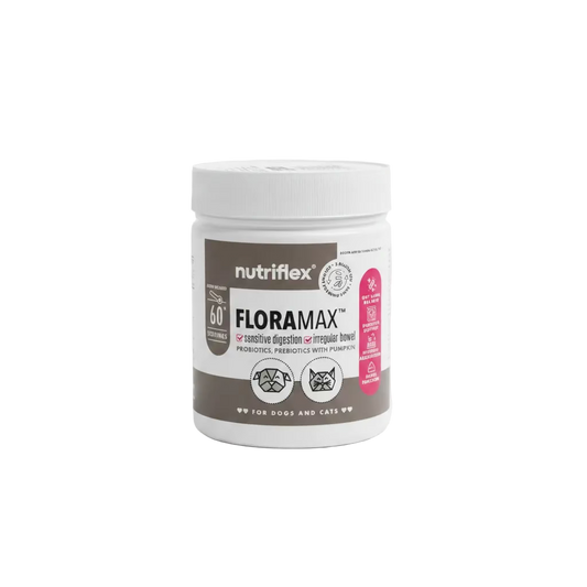White supplement jar with nutriflex FLORAMAX label for dogs and cats