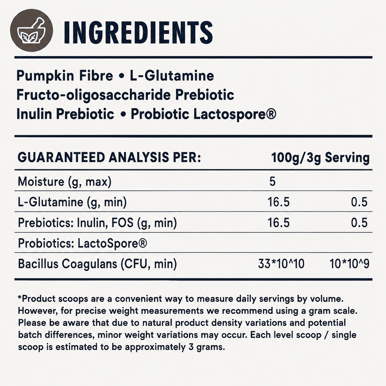 Ingredients panel listing pumpkin fibre, L-glutamine, inulin prebiotic, LactoSpore®