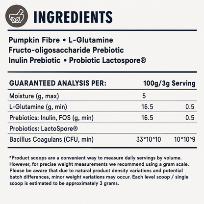 Ingredients panel listing pumpkin fibre, L-glutamine, inulin prebiotic, LactoSpore®