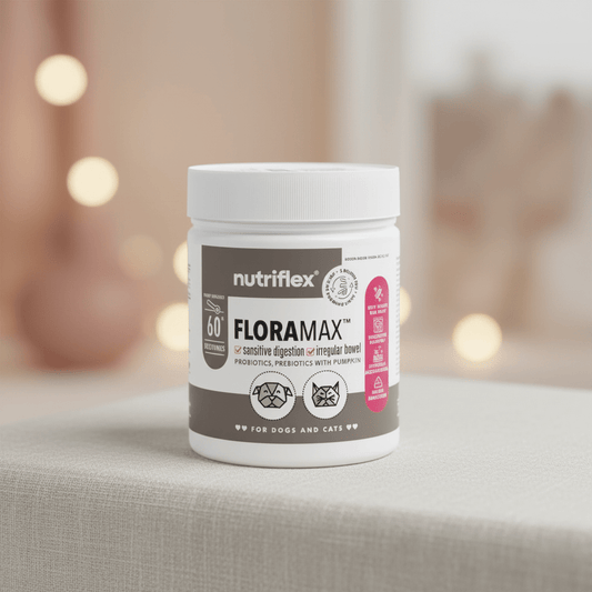 White supplement jar with nutriflex FLORAMAX label and pink side badge