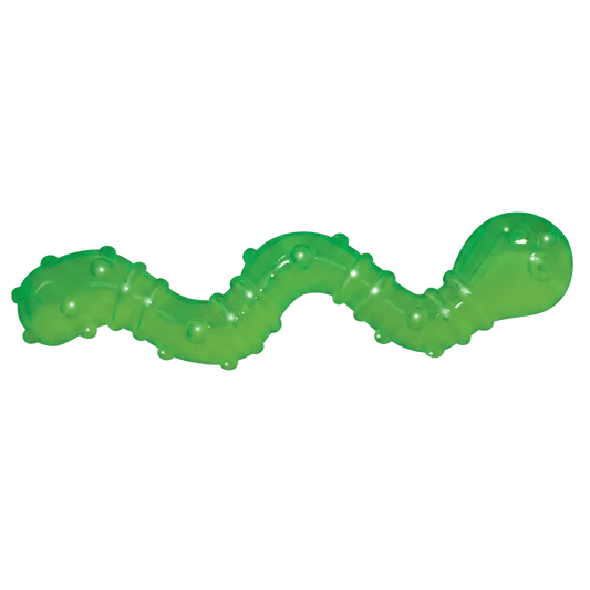 Green wiggle worm cat toy with wavy segmented body and end flares.