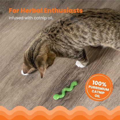 Gray tabby cat pawing a green wiggle worm toy on a hardwood floor.