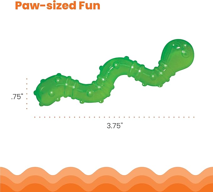 Green wiggle worm cat toy with a curved segmented shape, shown for size.