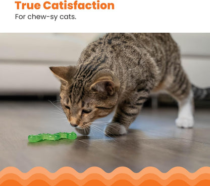 Gray tabby cat sniffing a green wiggle worm toy on a hardwood floor.