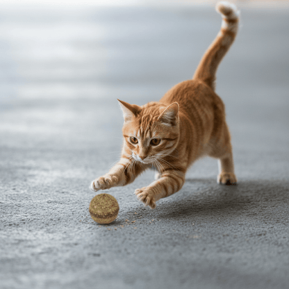 Round catnip ball toy under a cat paw on a floor surface