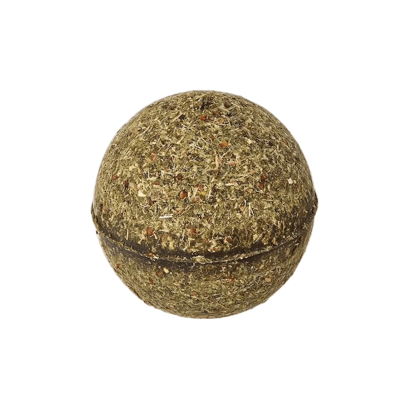 Round catnip ball toy with brown-green speckled dried-herb texture