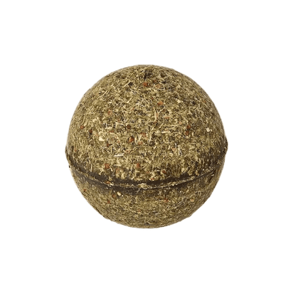 Round catnip ball toy with brown-green speckled dried-herb texture