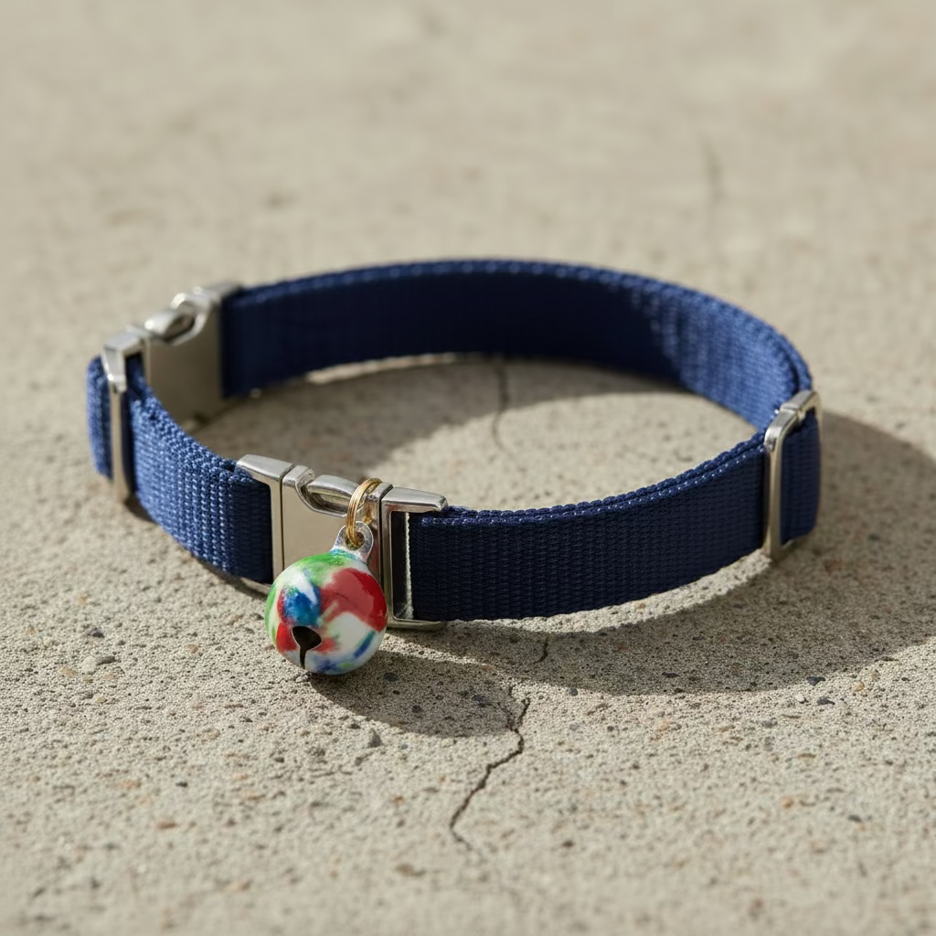 Blue cat collar with small bell charm and silver buckle hardware