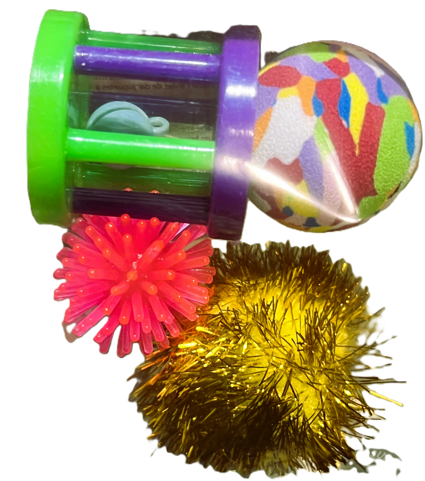 Cat toy set pieces: green wand with purple hub, rainbow plush ball, pink and gold pom-poms