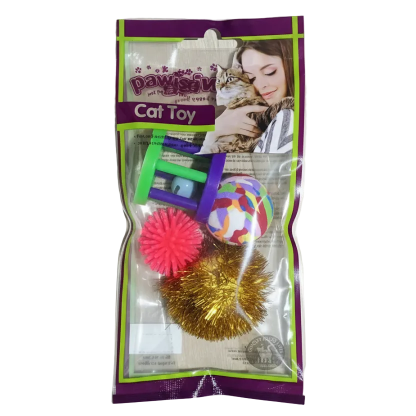 Cat toy set blister pack with green wand, rainbow ball, pink and gold tinsel balls