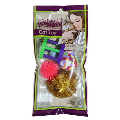 Cat toy set blister pack with green wand, rainbow ball, pink and gold tinsel balls
