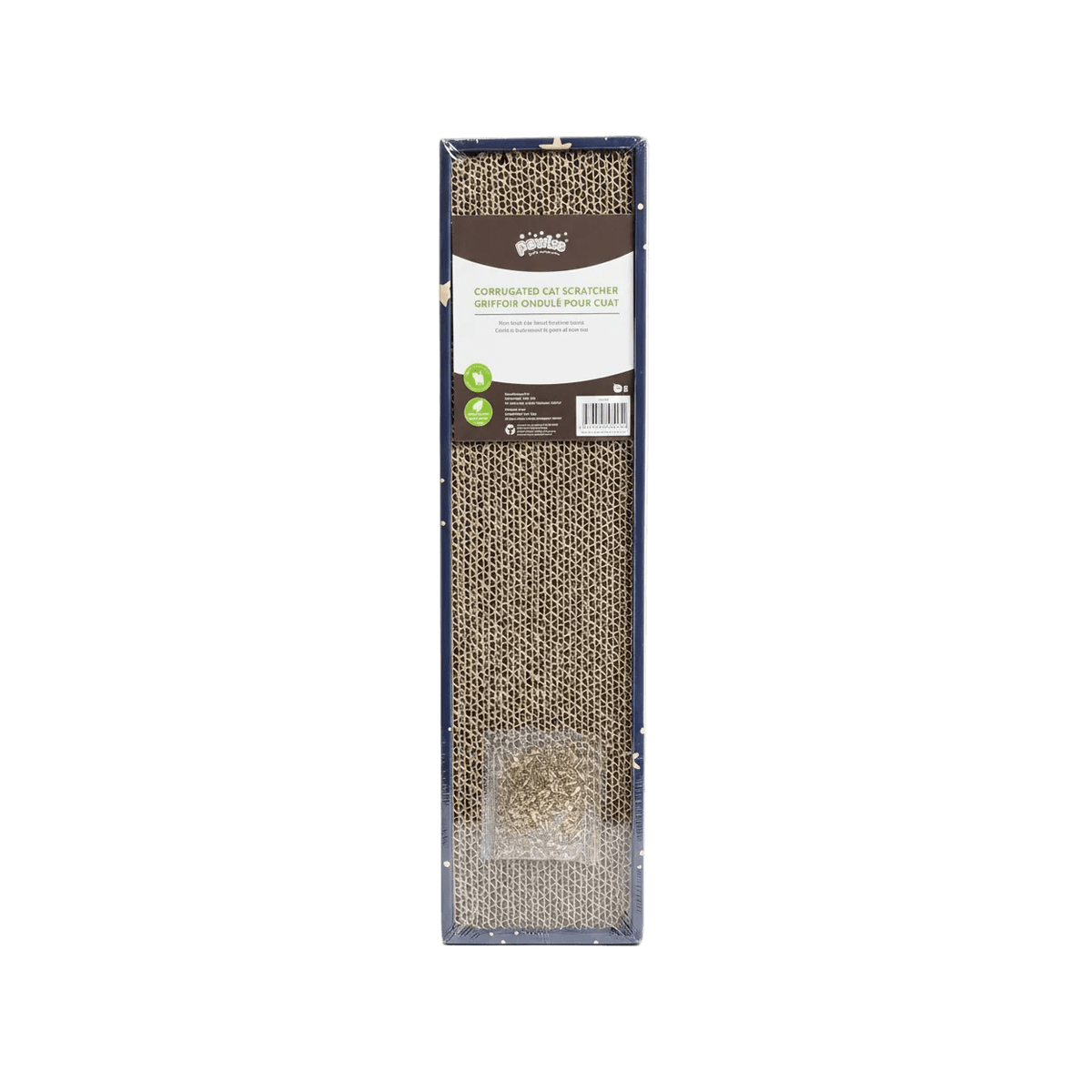 Corrugated cat scratcher with catnip retail box front, upright view.
