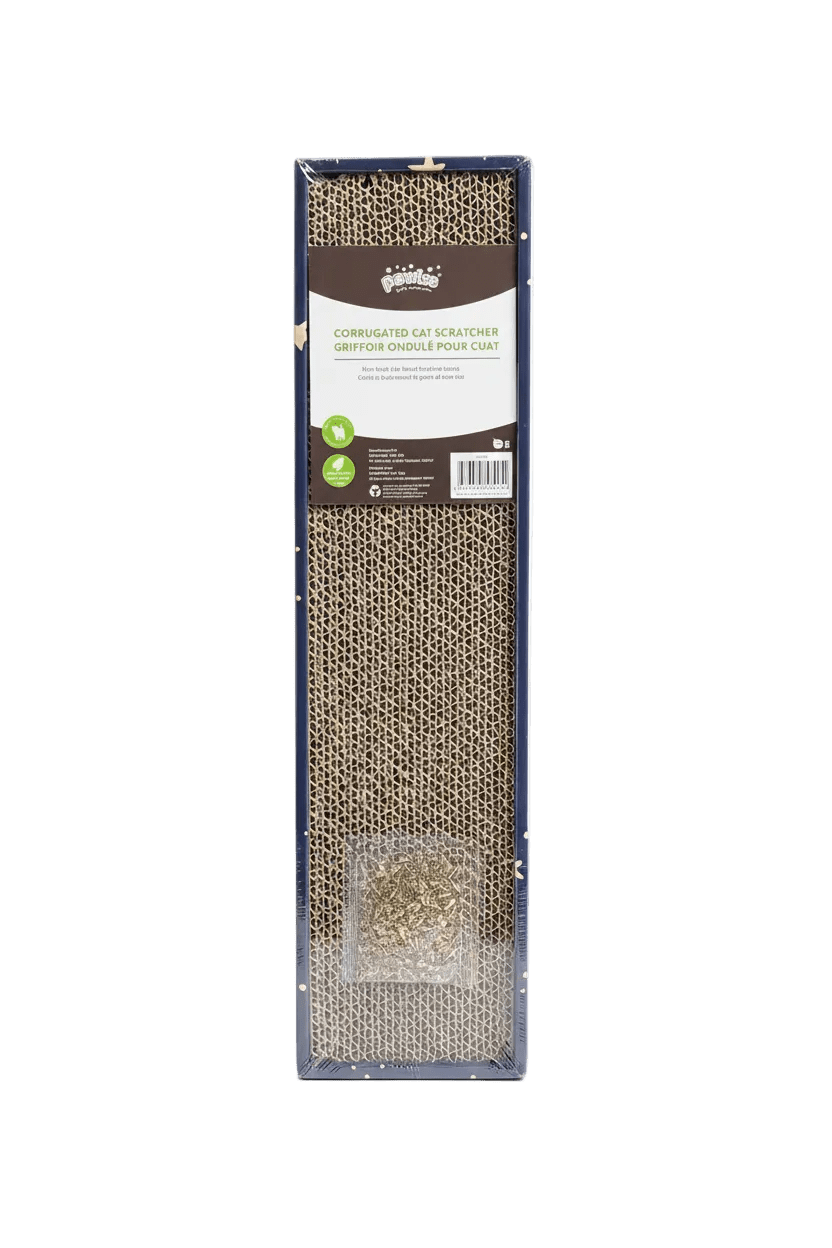 Corrugated cat scratcher with catnip retail box front, upright view.