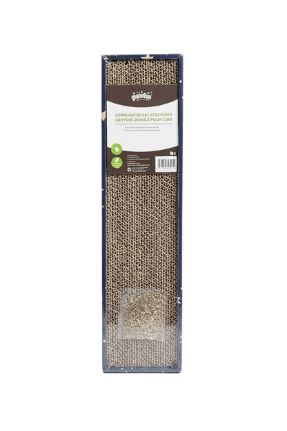 Corrugated cat scratcher with catnip retail box front, upright view.