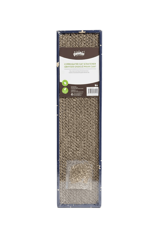 Corrugated cat scratcher with catnip retail box front, upright view.