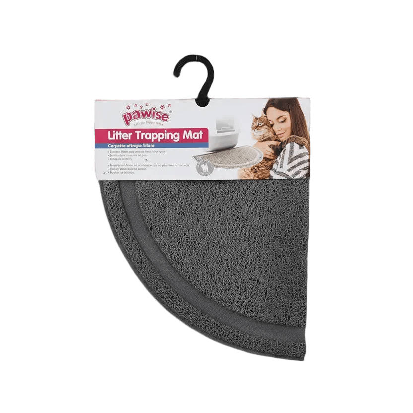 Packaged gray litter trapping mat with textured surface and hanging tag
