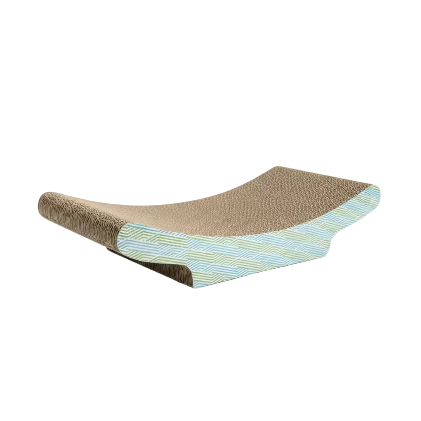 Corrugated cat scratcher pad with blue geometric trim and beige scratching surface
