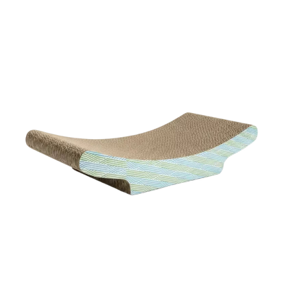 Corrugated cat scratcher pad with blue geometric trim and beige scratching surface