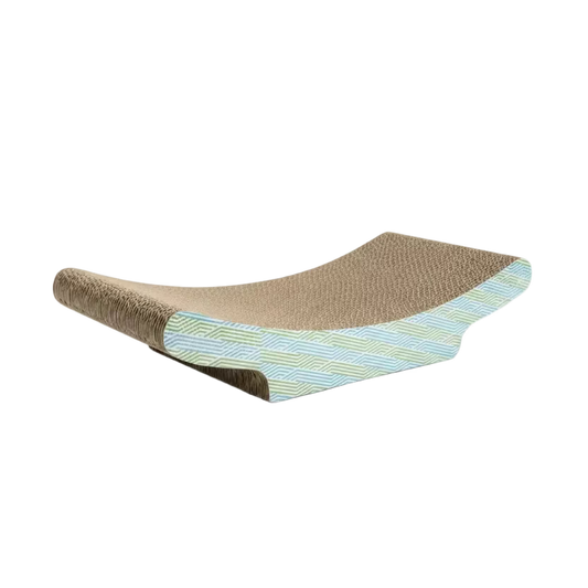 Corrugated cat scratcher pad with blue geometric trim and beige scratching surface