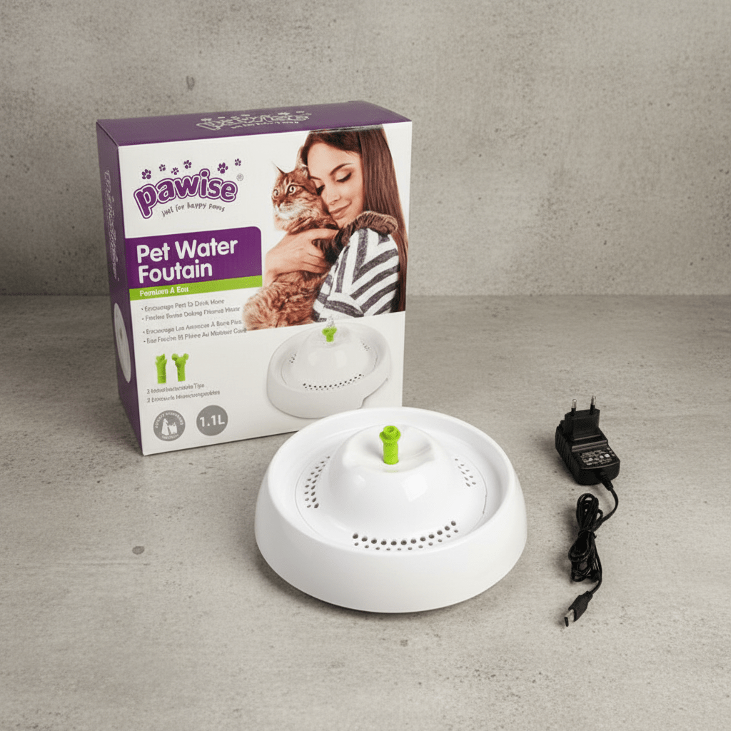 Pet water fountain, white bowl with green pump top and circular reservoir, 1.1L