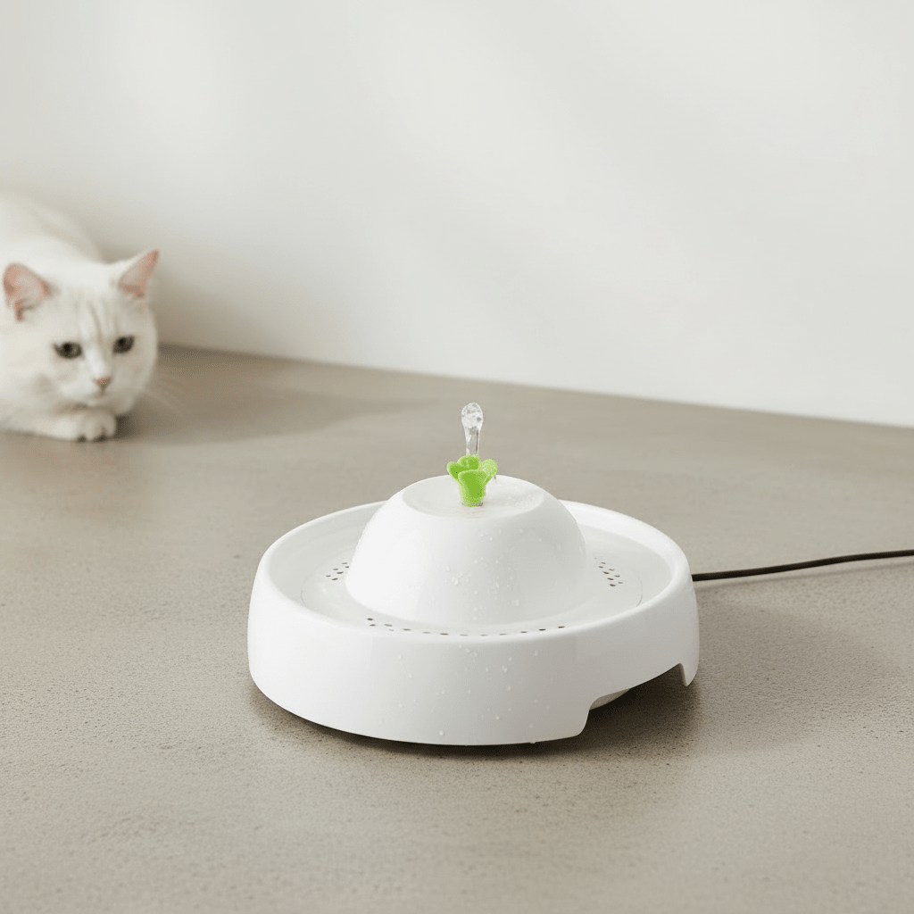 White pet water fountain with domed top and green water spout