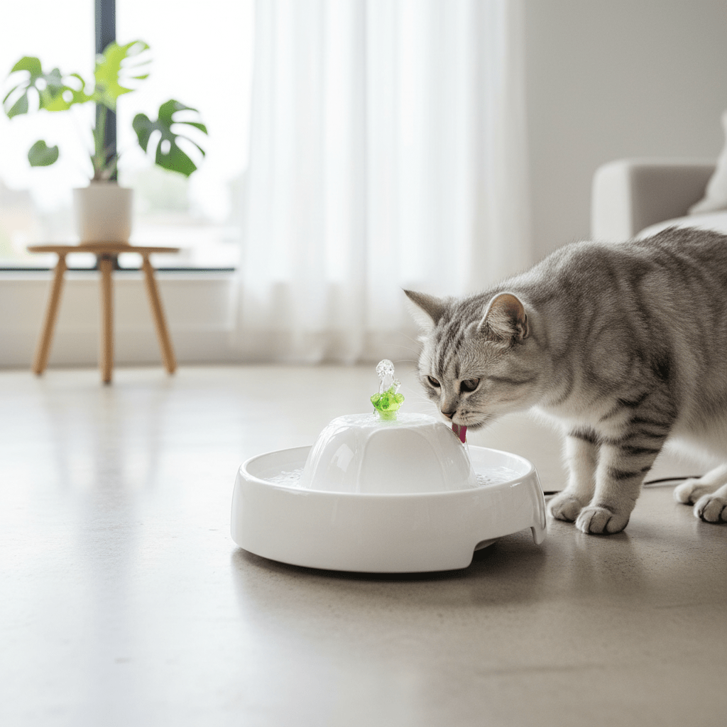 White pet water fountain with dome top and flowing spout