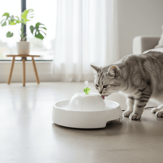 White pet water fountain with dome top and flowing spout