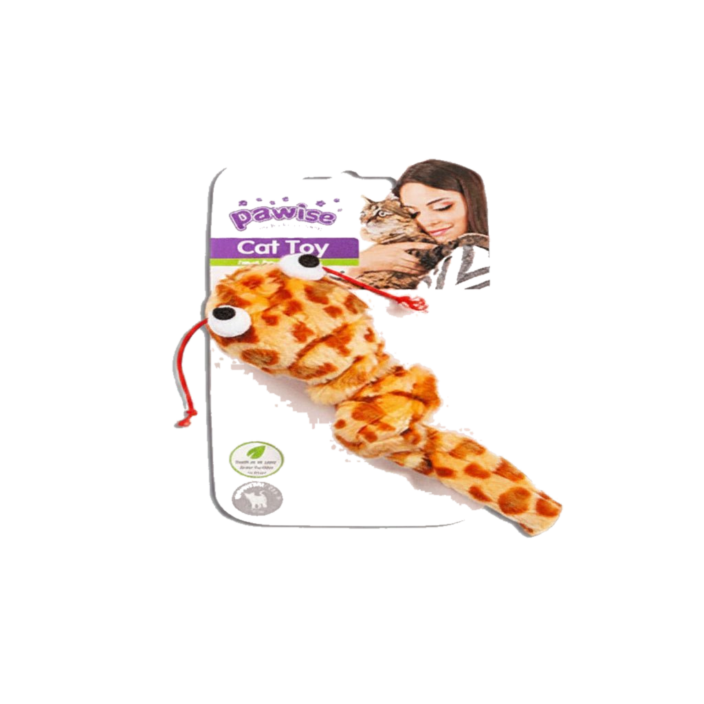Pawise Shakey Snake cat toy in orange, packaged, transparent background