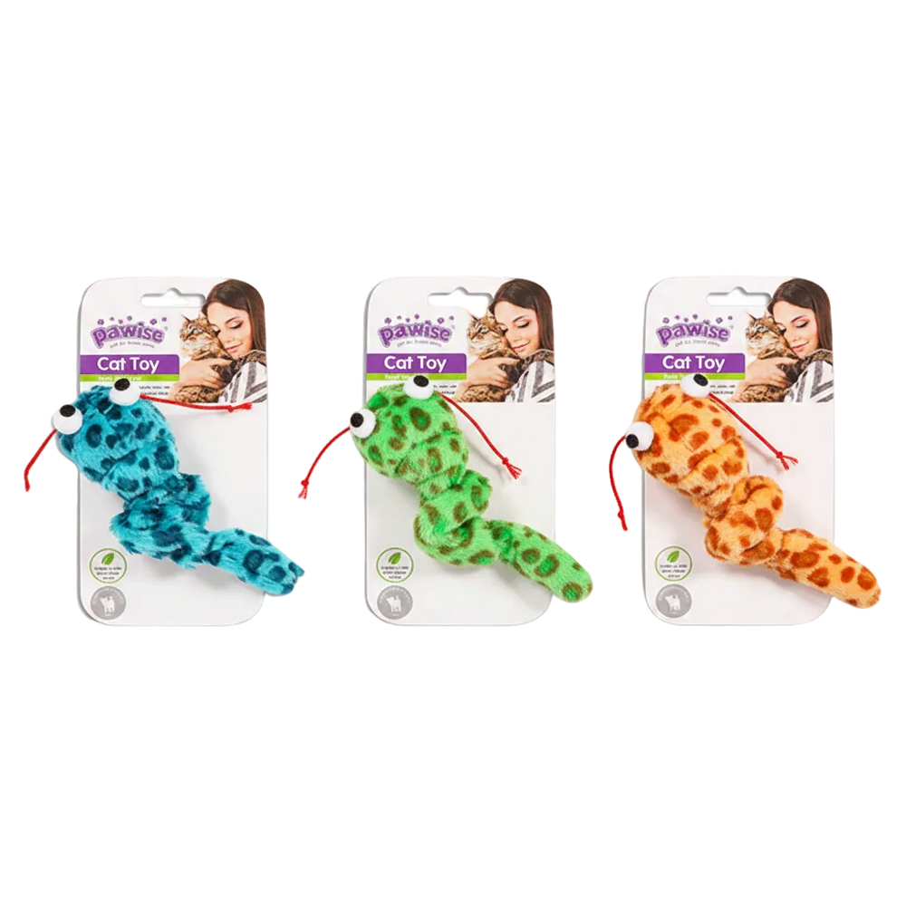 Pawise squeaky snake cat toys in blue, green, and orange, packaged set of three